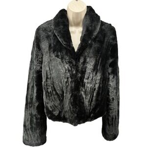 Velvet Black Faux Fur Cropped Jacket Glam Party Coat Hook & Eye Sz M